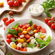 Salad with fresh cherry tomatoes, mozzarella and basil leaves Salad with fresh cherry tomatoes, mozzarella and basil leaves - PhotoDune Item for Sale