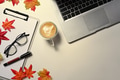 Top view laptop computer, coffee cup, glasses and autumn maple leaves on white background. Top view laptop computer, coffee cup, glasses and autumn maple leaves on white background. - PhotoDune Item for Sale
