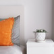 Bedroom interior with an orange pillow on a gray bed and a potted plant in a pot on a bedside table Bedroom interior with an orange pillow on a gray bed and a potted plant in a pot on a bedside table - PhotoDune Item for Sale
