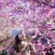 Portrait image of a woman looking at a pink cherry blossom flower in the park Portrait image of a woman looking at a pink cherry blossom flower in the park - PhotoDune Item for Sale