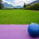 Fitness mat and ball on the green grass background Fitness mat and ball on the green grass background - PhotoDune Item for Sale