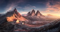 Mountain valley with beautiful house and church at sunset Mountain valley with beautiful house and church at sunset - PhotoDune Item for Sale