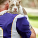 American football player with a dog posing on camera in a park. Copy space, sports banner. Concept American football player with a dog posing on camera in a park. Copy space, sports banner. Concept - PhotoDune Item for Sale