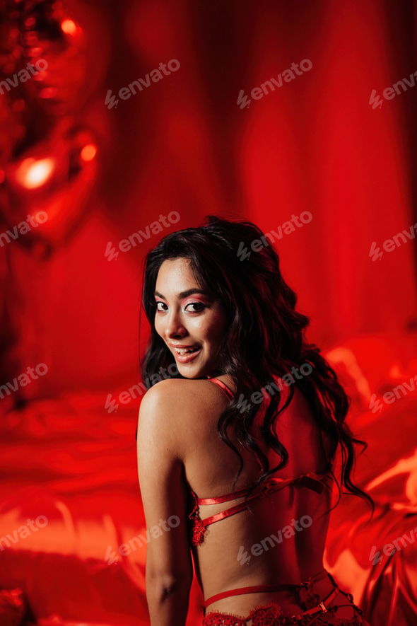 Portrait of beauty glamour asian sexy smile girl in underwear against shiny red inflatable balloons Stock Photo by Lelia_Milaya Portrait of beauty glamour asian sexy smile girl in underwear against shiny red inflatable balloons Stock Photo by Lelia_Milaya