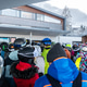Back view group people skiers standing in queue at ski lift gondola station Back view group people skiers standing in queue at ski lift gondola station - PhotoDune Item for Sale