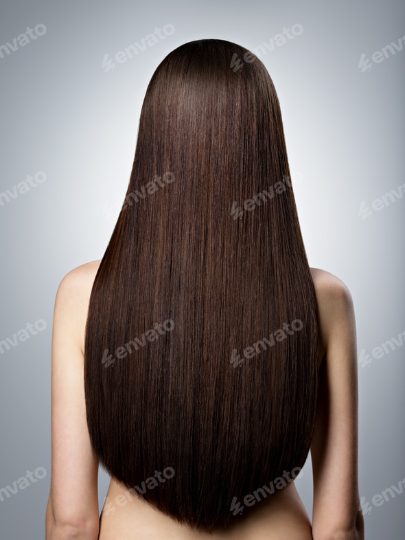 Woman with long brown straight Rear view Stock Photo by