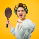 Angry Woman Shouting Holding Frying Pan Over Yellow Studio Background ...