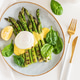 Grilled asparagus spears topped with poached egg and hollandaise sauce, spinach leaves and lemon Grilled asparagus spears topped with poached egg and hollandaise sauce, spinach leaves and lemon - PhotoDune Item for Sale