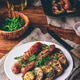 Pork Sausages Baked with Eggplant Slices on White Plate Pork Sausages Baked with Eggplant Slices on White Plate - PhotoDune Item for Sale