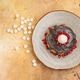 Top view (coconut pancake) decorated with bitter melted chocolate coconut pomegranate seeds and raf Top view (coconut pancake) decorated with bitter melted chocolate coconut pomegranate seeds and raf - PhotoDune Item for Sale