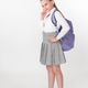 Thoughtful schoolgirl in uniform with purple backpack posing on white background Thoughtful schoolgirl in uniform with purple backpack posing on white background - PhotoDune Item for Sale