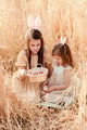 Two little girls sisters sitting in wheat field collecting red eggs in basket. Celebrating Easter Two little girls sisters sitting in wheat field collecting red eggs in basket. Celebrating Easter - PhotoDune Item for Sale