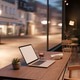 White screen laptop with coffee and headphone on wooden table in dim cafe and a town over glass wall White screen laptop with coffee and headphone on wooden table in dim cafe and a town over glass wall - PhotoDune Item for Sale