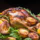 Roasted chicken with grilled potatoes and onion, yellow tomatoes, fresh green salad on wooden table Roasted chicken with grilled potatoes and onion, yellow tomatoes, fresh green salad on wooden table - PhotoDune Item for Sale