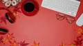 Top view coffee cup, headphone and maple leaves on red background. Top view coffee cup, headphone and maple leaves on red background. - PhotoDune Item for Sale