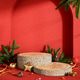 Wooden log display platform with Christmas tree pinecone golden ornaments in red archway background. Wooden log display platform with Christmas tree pinecone golden ornaments in red archway background. - PhotoDune Item for Sale