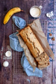 Flat lay of a banana bread with banana, flour and walnuts on wooden surface Flat lay of a banana bread with banana, flour and walnuts on wooden surface - PhotoDune Item for Sale