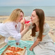 Two young women sharing pink wine and pizza at seaside picnic Two young women sharing pink wine and pizza at seaside picnic - PhotoDune Item for Sale