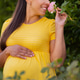 Pregnant woman in yellow dress smelling a pink rose in a garden Pregnant woman in yellow dress smelling a pink rose in a garden - PhotoDune Item for Sale