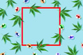 Pattern, red frame of hemp leaves and Christmas decorations on blue background Pattern, red frame of hemp leaves and Christmas decorations on blue background - PhotoDune Item for Sale
