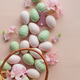 Easter Basket with Pastel Eggs, Flowers and Bunny Decorations. Festive Spring Flatlay Easter Basket with Pastel Eggs, Flowers and Bunny Decorations. Festive Spring Flatlay - PhotoDune Item for Sale