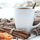 Hot Coffee Drink with cinnamon and orange slices, snow scene Hot Coffee Drink with cinnamon and orange slices, snow scene - PhotoDune Item for Sale