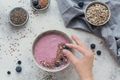 Pink Yogurt Smoothie Bowl made with Fresh Blueberry and Seeds Pink Yogurt Smoothie Bowl made with Fresh Blueberry and Seeds - PhotoDune Item for Sale
