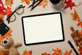 Above view mock up digital tablet on white table with autumn maple leaves. Above view mock up digital tablet on white table with autumn maple leaves. - PhotoDune Item for Sale