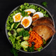 Mediterranean Style Breakfast Bowl with Salad and Bread. Top view, above Mediterranean Style Breakfast Bowl with Salad and Bread. Top view, above - PhotoDune Item for Sale
