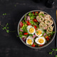 Keto diet meal with tuna lavash rolls salad and boiled eggs. Top view, flat lay Keto diet meal with tuna lavash rolls salad and boiled eggs. Top view, flat lay - PhotoDune Item for Sale