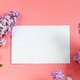 Lilac flowers and blank greeting card on coral background. Lilac flowers and blank greeting card on coral background. - PhotoDune Item for Sale