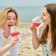 Young women enjoying pink wine at beach picnic by sea Young women enjoying pink wine at beach picnic by sea - PhotoDune Item for Sale