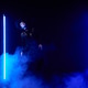 Young woman in black gothic dress with dramatic makeup and veil amidst blue fog and neon lights Young woman in black gothic dress with dramatic makeup and veil amidst blue fog and neon lights - PhotoDune Item for Sale