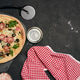 Baked pizza with chicken, tomatoes and olives on a black table, top view Baked pizza with chicken, tomatoes and olives on a black table, top view - PhotoDune Item for Sale