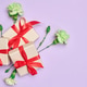 Gift boxes tied with a red ribbon and blooming white and green carnations on a purple background Gift boxes tied with a red ribbon and blooming white and green carnations on a purple background - PhotoDune Item for Sale