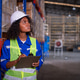 Warehouse workers wearing safety discussing inspection inventory detail storage facility shelves pac Warehouse workers wearing safety discussing inspection inventory detail storage facility shelves pac - PhotoDune Item for Sale