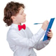 Child writes on clipboard in white shirt and red bow tie at home during daytime Child writes on clipboard in white shirt and red bow tie at home during daytime - PhotoDune Item for Sale