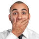 Man covering his mouth with hand while showing a surprised expression in front of a white background Man covering his mouth with hand while showing a surprised expression in front of a white background - PhotoDune Item for Sale
