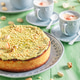 Sweet and tasty pistachio cheesecake served on blue porcelain. Sweet and tasty pistachio cheesecake served on blue porcelain. - PhotoDune Item for Sale