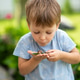 Happy little boy holding green leaf with garden snail during outdoor nature exploration. Child curio Happy little boy holding green leaf with garden snail during outdoor nature exploration. Child curio - PhotoDune Item for Sale