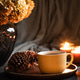 Cozy coffee with candlelight and pine cone at home Cozy coffee with candlelight and pine cone at home - PhotoDune Item for Sale