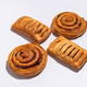 Delicious soft pastries on a white background. Four freshly baked fruit jam puffs and round cinnamon Delicious soft pastries on a white background. Four freshly baked fruit jam puffs and round cinnamon - PhotoDune Item for Sale