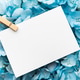 Blank card with clothespin on blue hydrangeas Blank card with clothespin on blue hydrangeas - PhotoDune Item for Sale