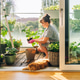 Woman Gardening on Sunny Balcony Garden with Cat Resting at Doorway Woman Gardening on Sunny Balcony Garden with Cat Resting at Doorway - PhotoDune Item for Sale