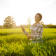 Close-up of a young woman farmer in glasses holding young sprout in her hands on green wheat field. Close-up of a young woman farmer in glasses holding young sprout in her hands on green wheat field. - PhotoDune Item for Sale