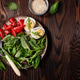 Balanced salad with green lettuce, strawberries, boiled eggs for lunch on wooden table. Keto diet. T Balanced salad with green lettuce, strawberries, boiled eggs for lunch on wooden table. Keto diet. T - PhotoDune Item for Sale