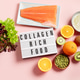 Flatlay of natural collagen-rich foods with quote on pink, top view Flatlay of natural collagen-rich foods with quote on pink, top view - PhotoDune Item for Sale