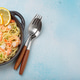Delicious seafood pasta spaghetti with shrimps dish garnished with lemon and parsley top view on Delicious seafood pasta spaghetti with shrimps dish garnished with lemon and parsley top view on - PhotoDune Item for Sale
