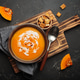 Pumpkin soup croutons cream fresh pumpkin slices wooden board dark background autumn winter Pumpkin soup croutons cream fresh pumpkin slices wooden board dark background autumn winter - PhotoDune Item for Sale