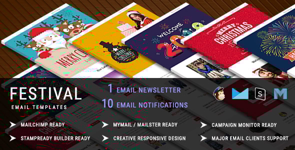 Festival - Christmas Responsive Email Template + 10 Notifications with Stampready Builder Access - Newsletters Email Templates